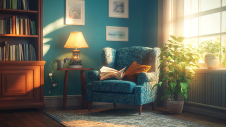 A cozy reading nook featuring a blue armchair, warm sunlight streaming through a window, and lush greenery, creating a serene and inviting atmosphere.の素材