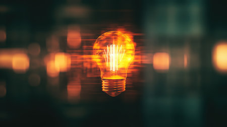 An abstract light bulb icon overlaid on a blurred background, symbolizing the emergence of new ideas and innovative thinking in a conceptual design.の素材