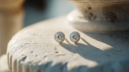 Captivating diamond stud earrings placed gracefully on a decorative stone surface. The intricate design and luxurious shine highlight beauty and elegance.の素材