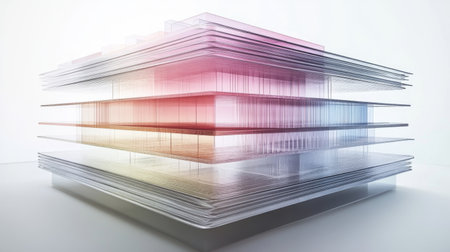 This image showcases an abstract layered structure composed of colorful transparent sheets, emphasizing modern design and geometric shapes. The light reflections and gradients create a visual depth that captivates the viewer's imagination.の素材
