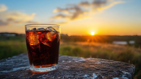 A refreshing glass of cola filled with ice sits on a stone surface, capturing the warm colors of a sunset in the background. Perfect for relaxation.の素材