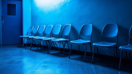 A row of blue chairs in an empty room creates a serene atmosphere. Dim lighting emphasizes the cool tones and minimalistic design, evoking a sense of solitude.の素材