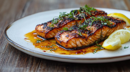 A beautifully plated dish of grilled salmon fillet, garnished with fresh herbs and lemon wedges, served on a rustic wooden table, showcasing the vibrant colors and appetizing presentation.の素材