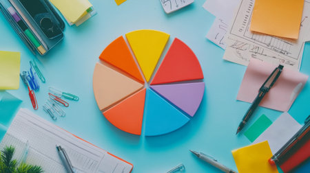 A vibrant pie chart sits on a light blue table surrounded by office supplies, stationery items, and notes, perfect for business planning and creative projects.の素材