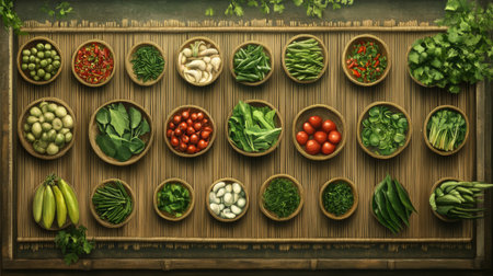A vibrant flat lay of fresh vegetables and herbs arranged artistically on a wooden table. Perfect for showcasing healthy ingredients and cooking inspirations.の素材