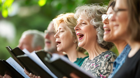 An outdoor choir performance in a park, with members of different ages singing joyfully, surrounded by a lush green landscape, showcasing community and the love for music.の素材