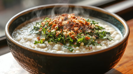 Enjoy a bowl of warm vegetarian porridge topped with fresh herbs and crunchy nuts, perfect for a healthy breakfast or a comforting meal any time.の素材