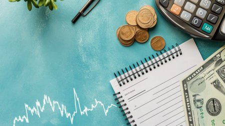 A flat lay image featuring financial planning essentials including a calculator, notebook, coins, and dollar bill on a soothing turquoise background.の素材