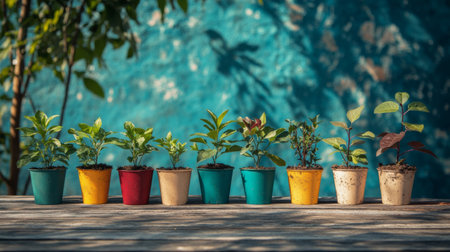 A beautiful display of colorful potted plants arranged neatly on a rustic wooden table. The vibrant blue background enhances the freshness and tranquility of the scene.の素材