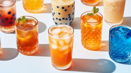 A vibrant collection of refreshing drinks featuring ice and garnishes. Perfect for summer parties or gatherings, these colorful beverages invite thirst and joy.の素材