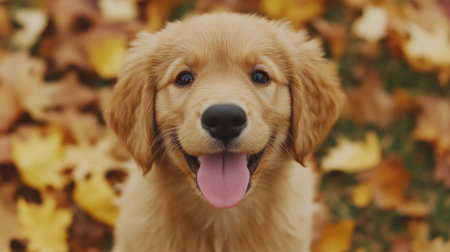 A cheerful golden retriever puppy smiling happily among vibrant autumn leaves. This adorable young dog radiates joy and warmth in a natural outdoor setting.の素材