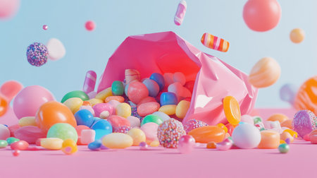 A playful scene of a colorful assortment of  spilling out of an open candy bag, with some candies still inside and others scattered around.の素材