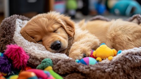 A cute golden retriever puppy peacefully sleeping on a cozy bed surrounded by colorful toys, capturing the essence of comfort and playful innocence in a domestic setting.の素材