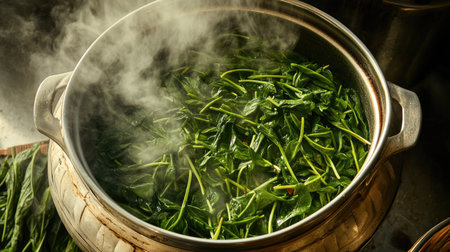 An overhead view of a steaming bowl of water spinach stir-fried with garlic and red chili, with a drizzle of sauce, highlighting the texture and freshnessの素材