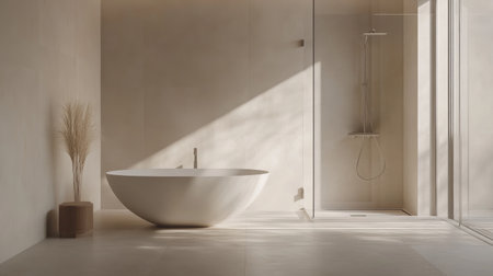 An elegantly designed minimalist bathroom showcasing a freestanding tub, a walk-in shower with clear glass, and neutral tiles, creating a tranquil spa-like atmosphere.の素材