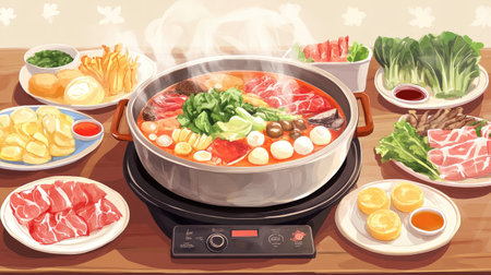 A hot pot meal being enjoyed at a family gathering, with steam rising from the pot, and plates of fresh ingredients and dipping sauces laid out on the table.の素材