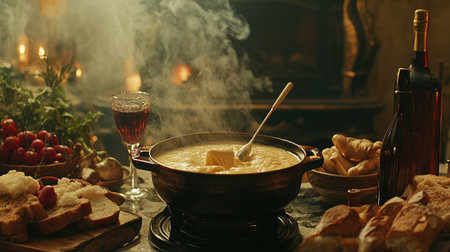An elegant image of a hot, bubbling fondue pot with melted cheese, surrounded by an assortment of dippable items like bread and vegetables, in a stylish dining setting.の素材