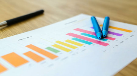 Close-up of colorful bar graphs printed on paper, accompanied by blue pens on a wooden desk, showcasing data analysis and business insights for professionals.の素材