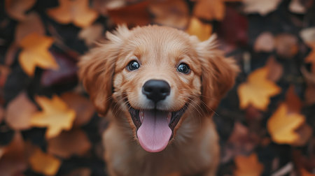 A joyful golden retriever puppy with a big smile enjoys the beauty of autumn leaves. The image captures happiness and playful energy in a serene outdoor setting.の素材