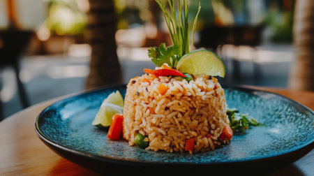 A vibrant plate of fried rice adorned with fresh herbs and lime. This appetizing dish showcases colorful vegetables and a savory flavor, ideal for any meal.の素材