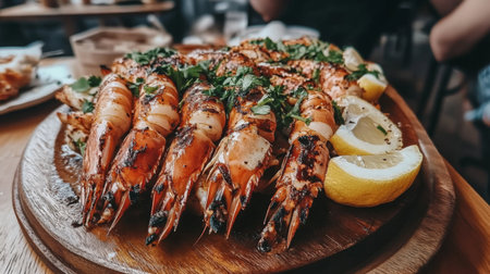 A stunning display of grilled shrimp garnished with fresh herbs and served with lemon slices. Perfect for food lovers and culinary enthusiasts.の素材