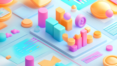 Explore a vibrant digital composition featuring geometric shapes and various charts, ideal for business presentations and data visualization projects.の素材