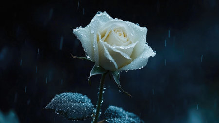 A single white rose with water droplets, beautifully lit against a dark background, highlighting the purity and elegance of the flower.の素材