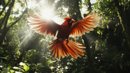 A stunning red cardinal takes flight in a lush forest, illuminated by sunlight filtering through the trees. Captures the beauty of wildlife in nature.の素材