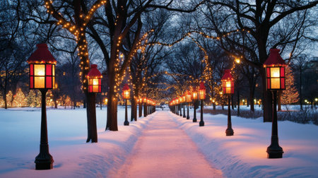A serene snowy evening pathway illuminated by charming lanterns and twinkling lights. The enchanting landscape evokes a peaceful winter ambiance, perfect for festive celebrations.の素材