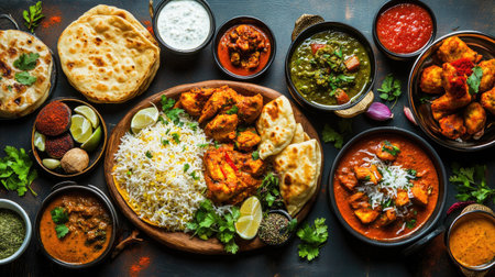 A vibrant spread of traditional Indian dishes, including biryani, naan bread, chicken curry, and samosas, served on a colorful platter with fresh herbs and spices.の素材