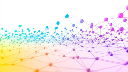 Vibrant abstract illustration showcasing a colorful network of nodes and connections against a white background, symbolizing technology and digital communication.の素材