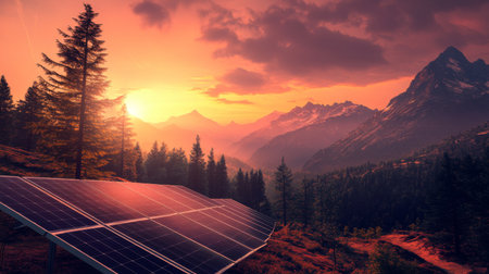 A stunning scene featuring solar panels set against a vibrant sunset and majestic mountains, highlighting the harmony between nature and renewable energy sources.の素材