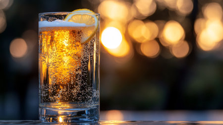 A sparkling beverage served in a clear glass garnished with a lemon slice. The warm sunset light creates a vibrant atmosphere, enhancing relaxation and refreshment.の素材