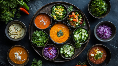 Discover a stunning arrangement of fresh dips and salads beautifully presented on a rustic plate, perfect for healthy meals and vibrant gatherings.の素材