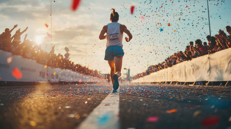 A runner crossing the finish line of a race, with confetti and cheering crowds, representing the achievement of personal fitness goals.の素材