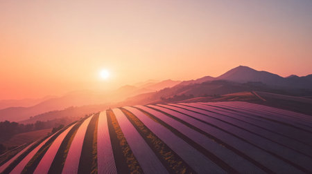 A stunning view of rolling fields under a serene sunset. Vibrant crop patterns contrast with the warm hues of the sky, creating a tranquil rural landscape.の素材