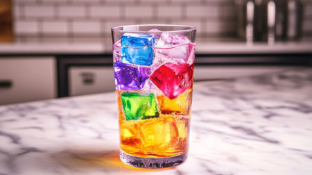A refreshing drink with colorful ice cubes in a stylish glass. Perfect for summer gatherings, this vibrant beverage enhances any kitchen or party atmosphere.の素材