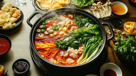 A steaming hot pot filled with vibrant vegetables, seafood, and meat, placed on a table surrounded by dipping sauces, fresh herbs, and chopsticks.の素材