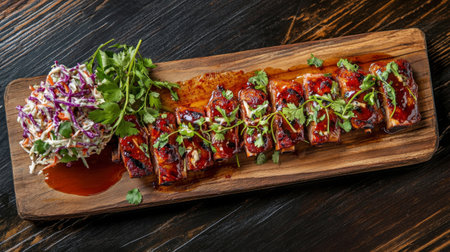 A vibrant and appetizing wooden platter featuring grilled meat skewers glazed with rich barbecue sauce, paired with a fresh salad garnished with cilantro.の素材