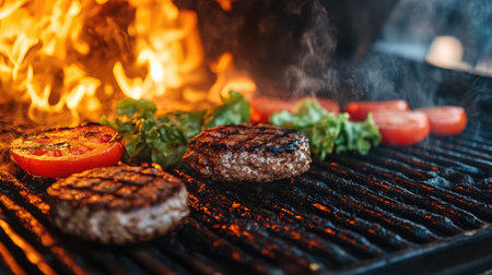A close-up of a juicy burger being assembled with fresh lettuce, tomato, and cheese, showcasing the vibrant colors and textures of the ingredients on a grill.の素材
