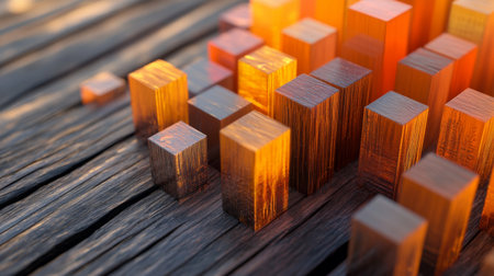 This abstract image showcases wooden blocks with warm lighting set against a textured background. The arrangement emphasizes vivid colors and modern design elements.の素材