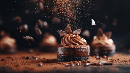 This stunning chocolate dessert features a rich layer topped with creamy frosting and exquisite chocolate shavings, perfect for any celebration or restaurant menu.の素材