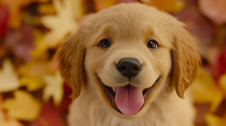 An adorable golden retriever puppy flashes a joyful smile amidst colorful autumn leaves, capturing the essence of happiness and playfulness in nature.の素材