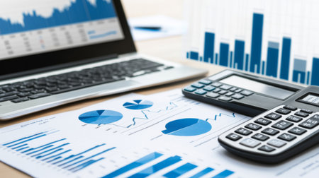 Modern financial analysis tools are displayed on a desk, featuring graphs and charts on a laptop screen alongside a calculator and detailed reports, illustrating data insights.の素材