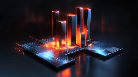 A D bar graph with metallic bars representing financial growth, set against a dark background with glowing data points and futuristic visual elements for impact.の素材