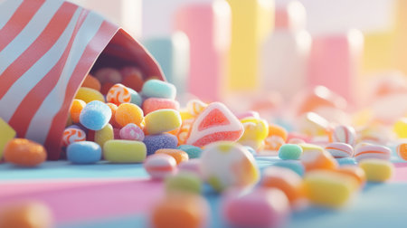 A vibrant assortment of candies spills from a striped bag, creating a cheerful scene. The colorful sweets invite joy and indulgence, perfect for any festive occasion.の素材