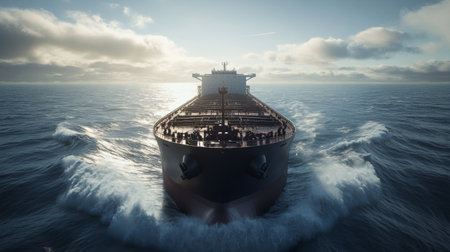 A large container ship moves through calm ocean waters at sunrise, showcasing the transport industry's vastness and beauty in maritime travel and logistics.の素材