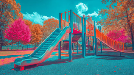 A vibrant playground slide surrounded by colorful trees under a bright blue sky, inviting outdoor play and joyful childhood adventures in a serene park setting.の素材