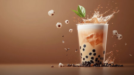 A captivating bubble tea splashes with ice and cream in a clear glass. The vibrant brown background enhances the enticing presentation of this refreshing drink.の素材
