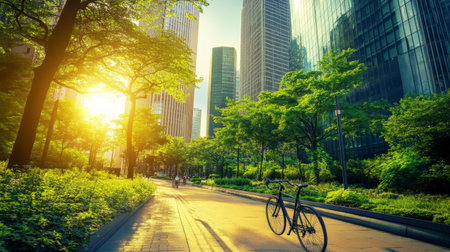 A tranquil urban pathway bathed in sunlight, featuring a bicycle beside lush greenery and towering skyscrapers, perfect for serene city exploration.の素材